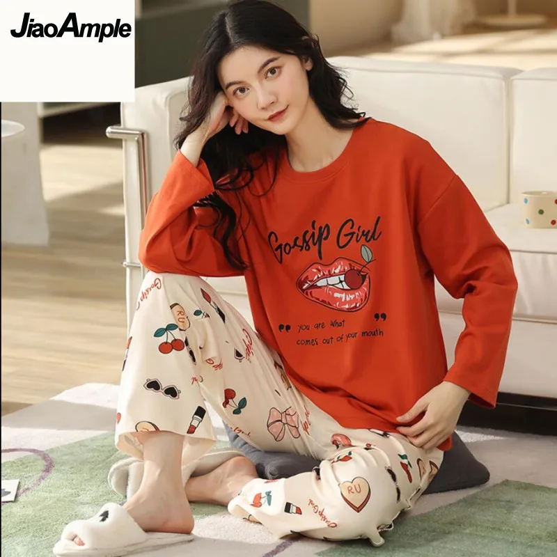 100% Cotton Pajamas Women Pijamas Set 2022 Spring Autumn New  Cute Cartoon Casual Simple Home Clothes Female Sleepwear Nightie