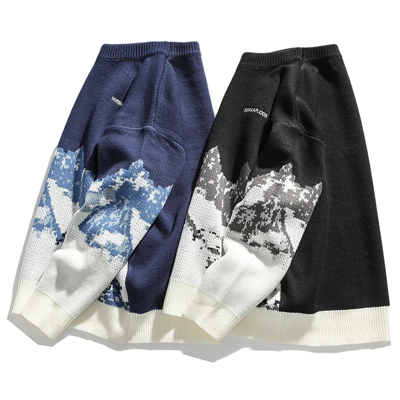 

Mens Snow Mountain Knit Sweaters Streetwear 2020 Winter Unisex Vintage Couple Patchwork Knitwear Women Oversize Pullover Sweater