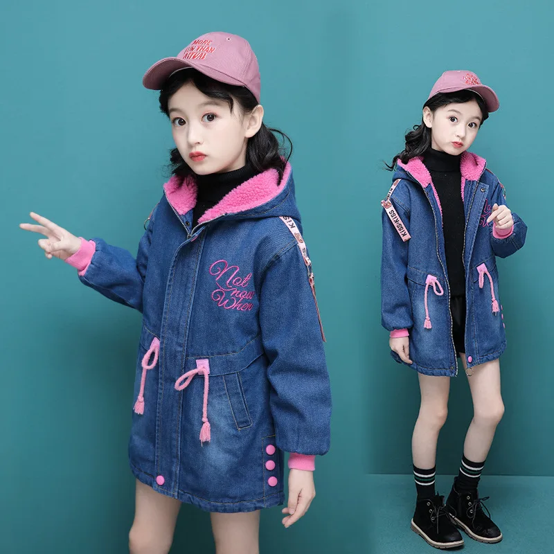 Girls Jackets Winter Thick Cowboy Coats Lamb Wool Children Outerwear Berber Fleece Girl Denim Long Jacket Kids | Детская одежда и
