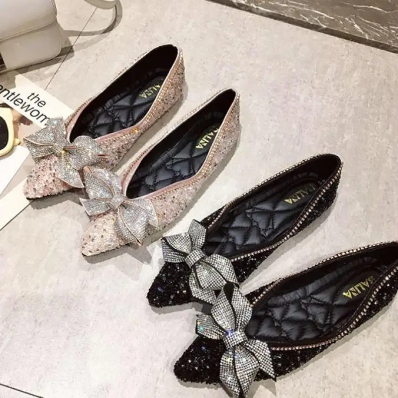 

SWYIVY Women Flat Shoes Pointed-Toe Butterfly-Knot Crystal Slip-On Shoes Soft Comfort Flats Loafers Ladies Casual Shoes 2020