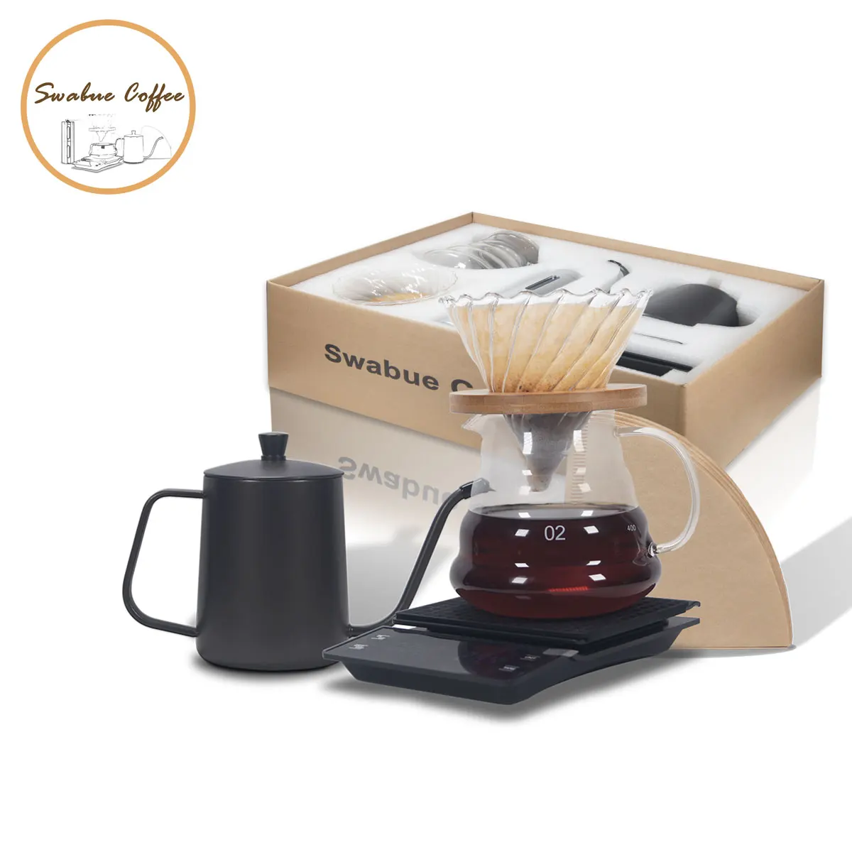 

Набор для кофе Swabue V60 с капельницей, фильтровальная бумага, стеклянный горшок 500 мл, чайник, электронные весы с таймерами, 5 шт.
