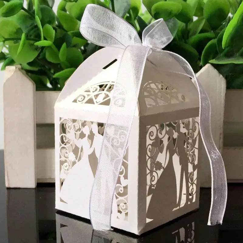 

25pcs/set Couple Bride Groom Laser Cut Hollow Favors Gifts Candy Boxes With Ribbon Baby Shower Wedding Party Supplies