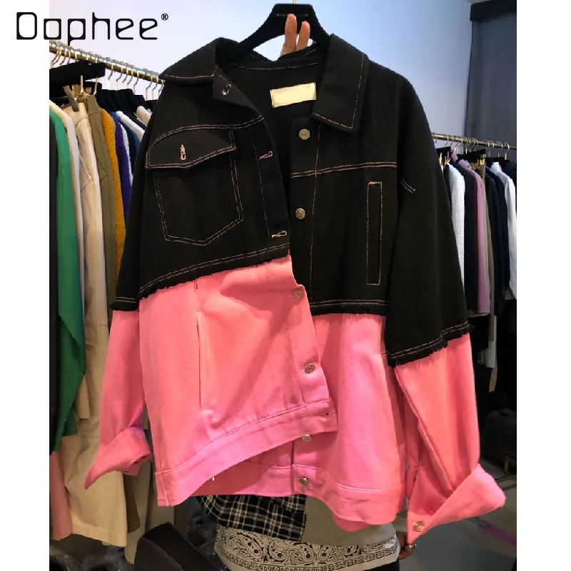 

2021 New Spring New Fashion Color Contrast Stitching Edging Lapel Loose Denim Jacket Designer Jean