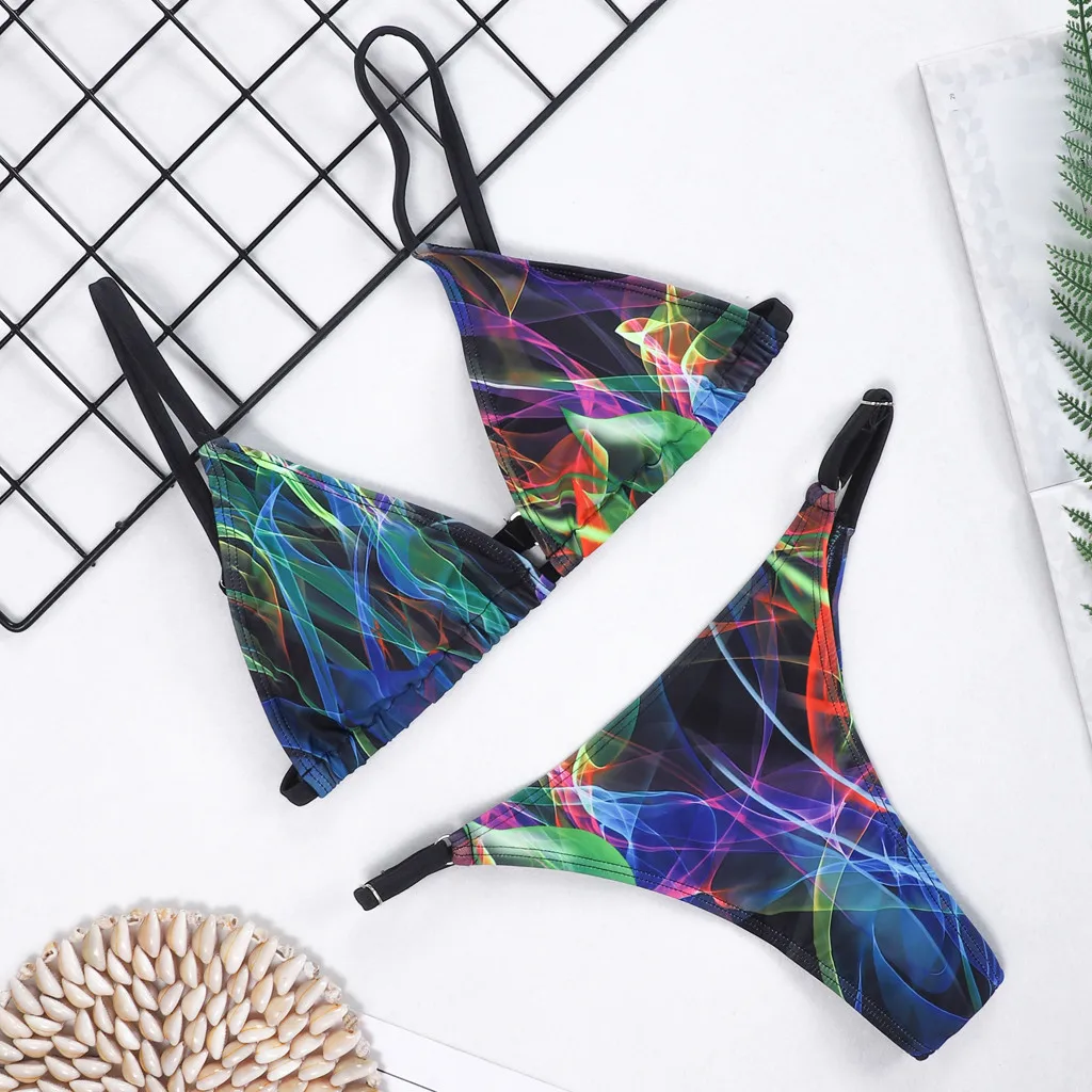 Новинка цветной принт бикини пуш-ап бандаж набор купальник со стрингами женский