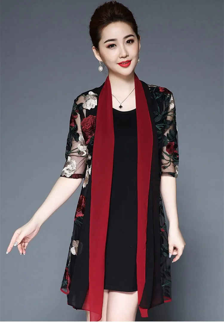 Ретро Винтаж Цветочная вышивка среднего возраста женское платье из двух частей