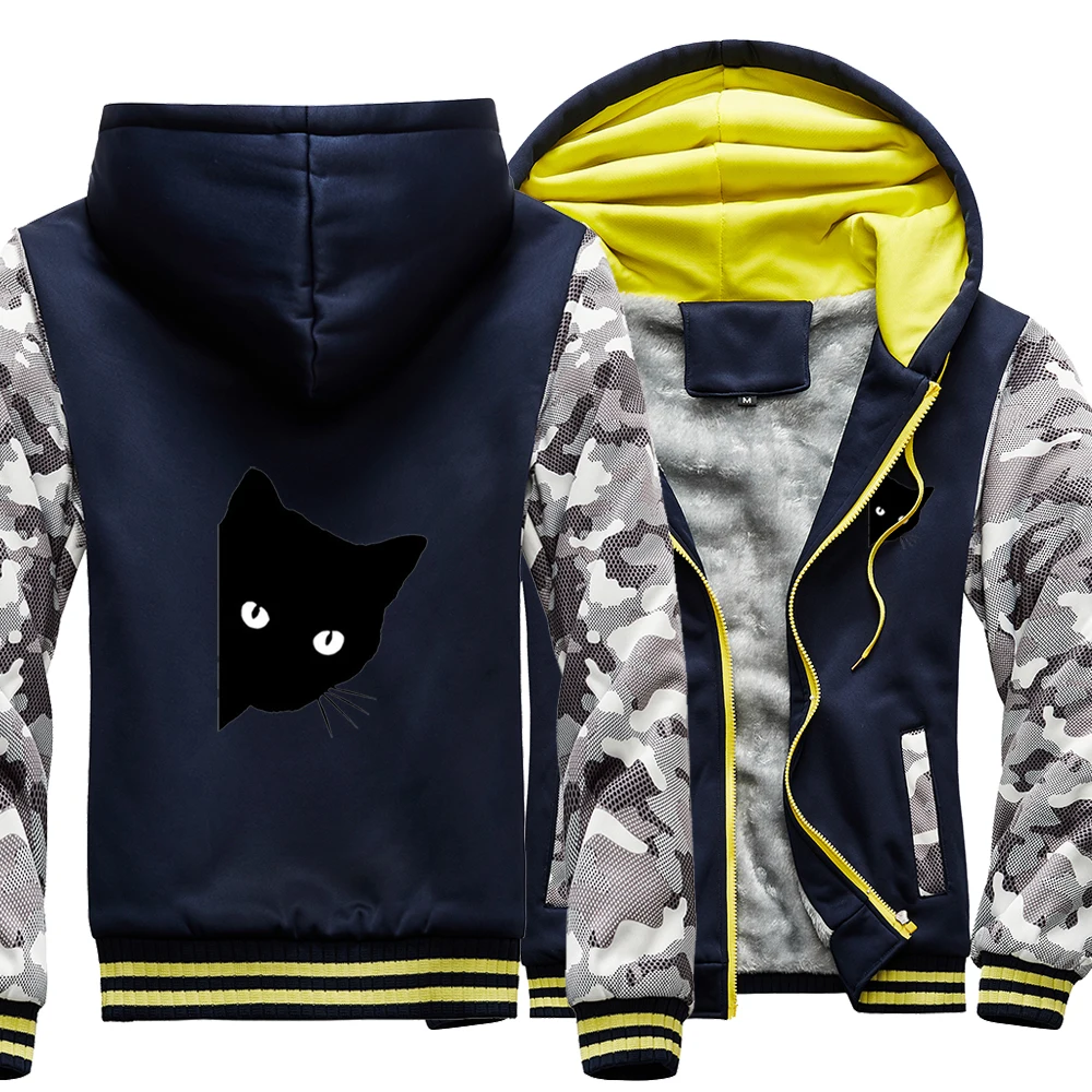 

Interesting Anime Black Cat Camo Raglan Thick Hoodies Winter Warm Printed Sweatshirts Top Men Fitted Outdoor Loose Jackets Coat
