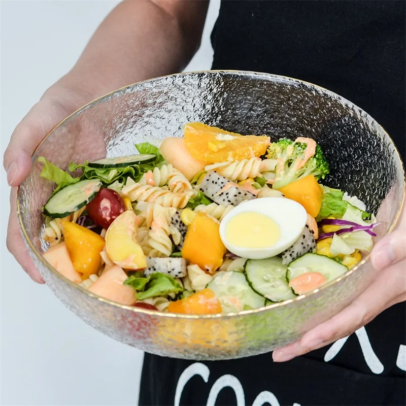 

QueenTime Glass Salad Bowls Gold Inlay Edge Serving Bowl for Ramen Noodles Transparent Western Tableware Food Storage Container