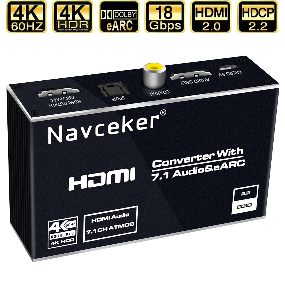 

2021 Best eARC HDMI 2.0 Audio Extractor 4K 60Hz RGB8:8:8 HDR HDMI Splitter Audio Converter 4K HDMI to Optical TOSLINK SPDIF 7.1