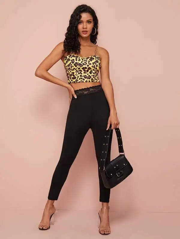 Женские брюки OL черные кружевные простые хлопковые леггинсы-капри с кружевной