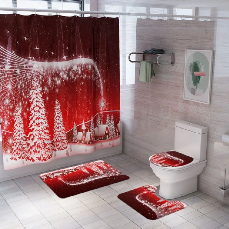 Merry Christmas Elk Santa набор водонепроницаемых душевых штор для ванной комнаты ковриков