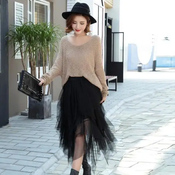 Эластичная длинная Тюлевая юбка с высокой талией Женская юбка-пачка неровным