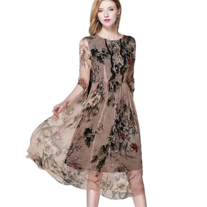 

Woman Spring Plus Size 100% Silk Mid-calf Dresses Female Summer Oversized Hedging Silk Dress Lady Seda Vestidos Women Soie Robe