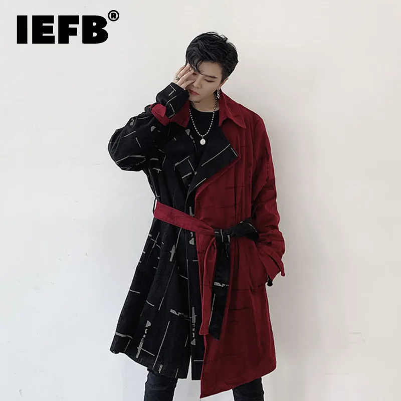 

IEFB Block Color Patchwork Design Loose Men's Medium Long Corduroy Long Coat 2021 New Autumn Fashion Trench With Belt 9Y8931