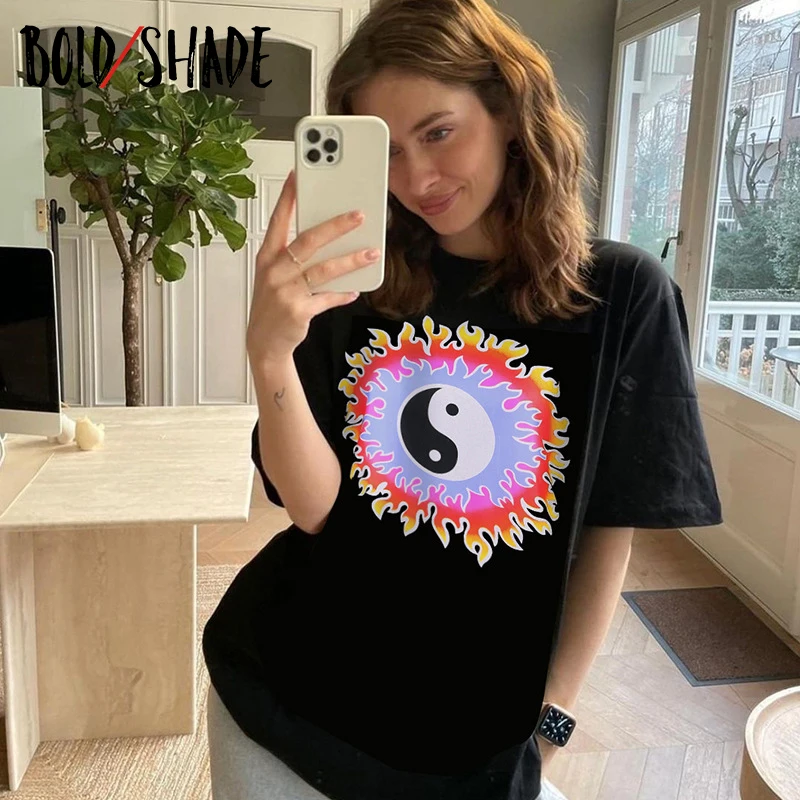 

Bold Shade Indie Clothes Aesthetic Oversize T-Shirt Graphic Print Y2K 90s Vintage Tops Short Sleeve Women 2021 Summer Skater Tee