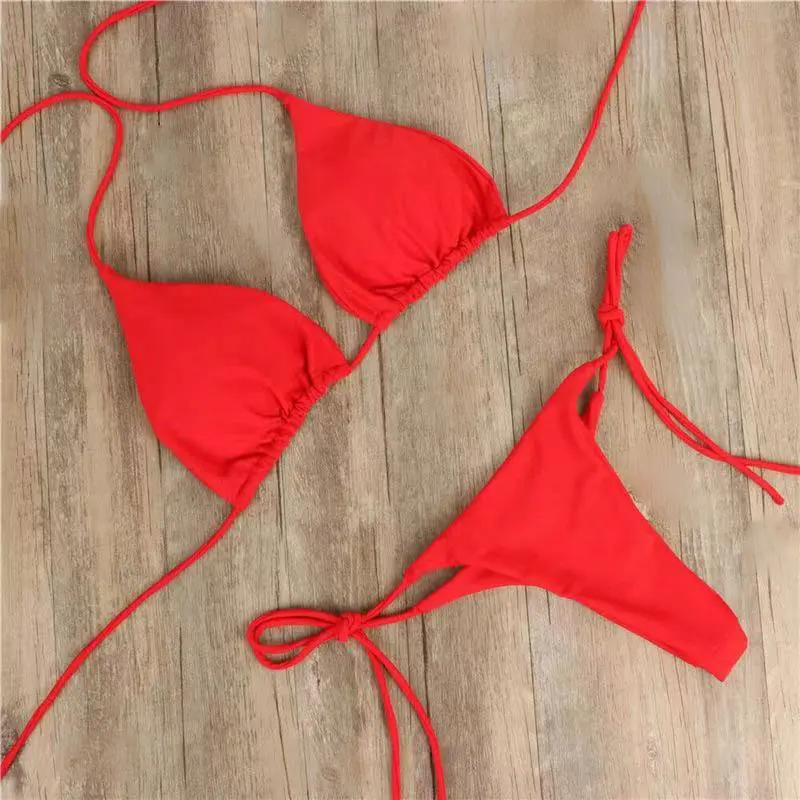 

Summer sexy solid color bikini suit women's lace-up side thong swimsuit women's bandage adjustable swimwear bikini