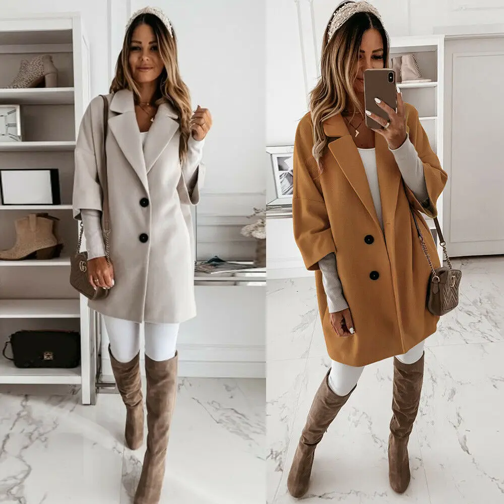 2020 Winter Large Size Women Woolen Coat Solid Color Turn Down Collasr Wool Jackets Loose Female Oversize Coats | Женская одежда