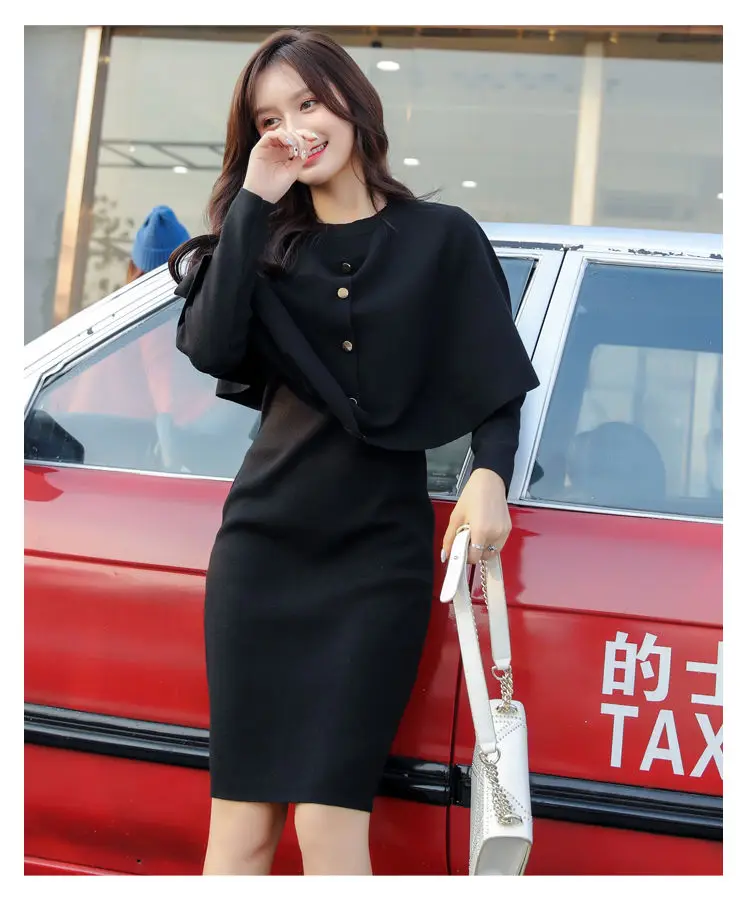 2019 Зимний вязаный костюм комплект из 2 предметов платье однобортный короткий