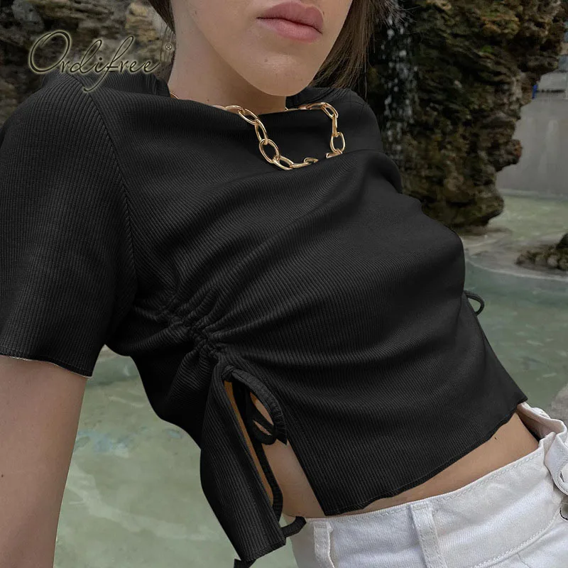 

Ordifree 2021 Summer Women Knitted T-shirt Sexy Top Tess Short Sleeve Drawstring Draped Female T Shirts