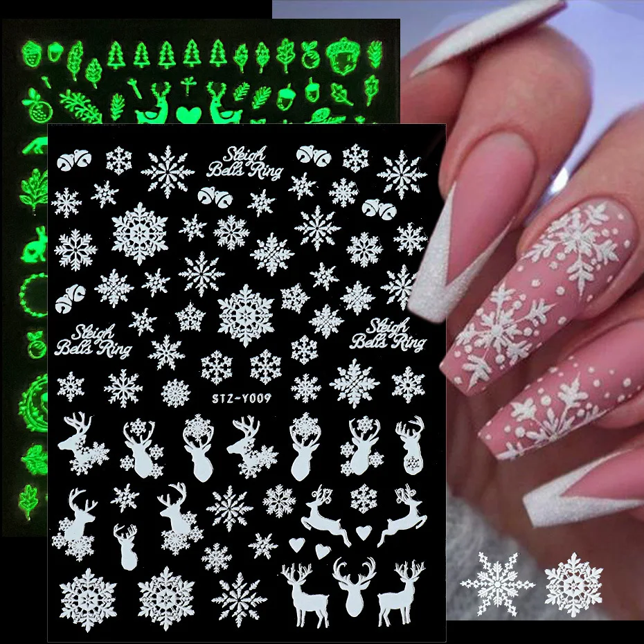 

Nail Stickers Back Glue Fluorescent Light White Lace Snowflake Elk 3D Designs Nail Decal Decoration Tips For Beauty Salons