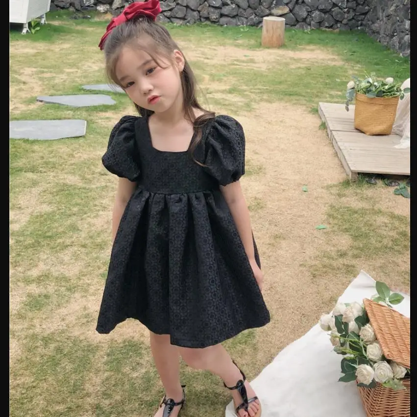 

Ins girls black Square Collar Puff Sleeve dress children summer new princess dress kids party dress good quality dress ws1686