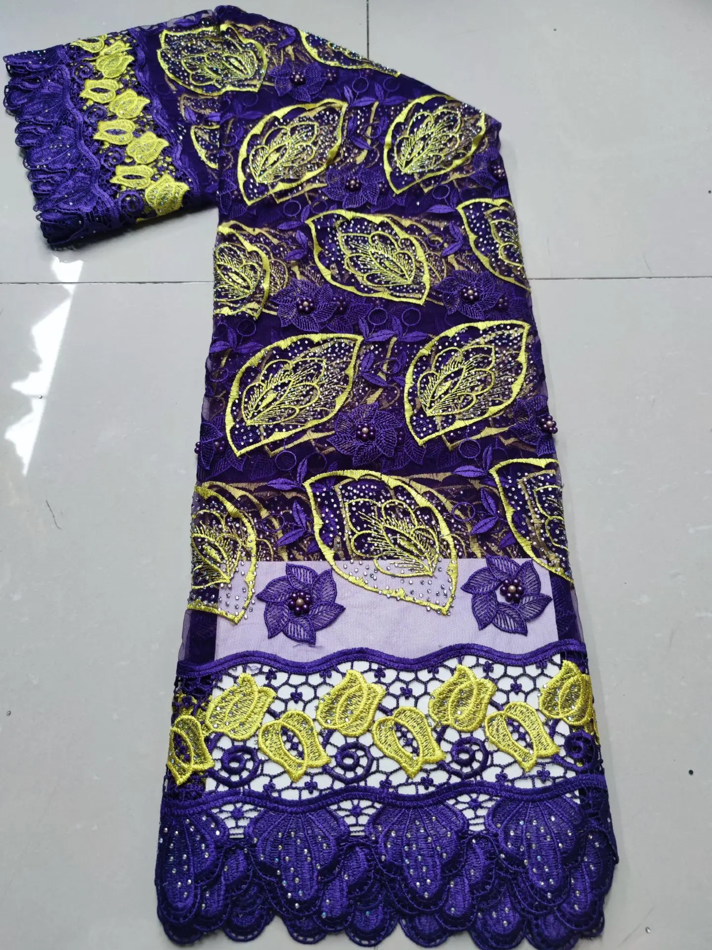 

Новинка 2021, французское нигерийское кружево, высококачественная ткань из бисера ручной работы, фиолетовое желтое Африканское кружево, ткан...