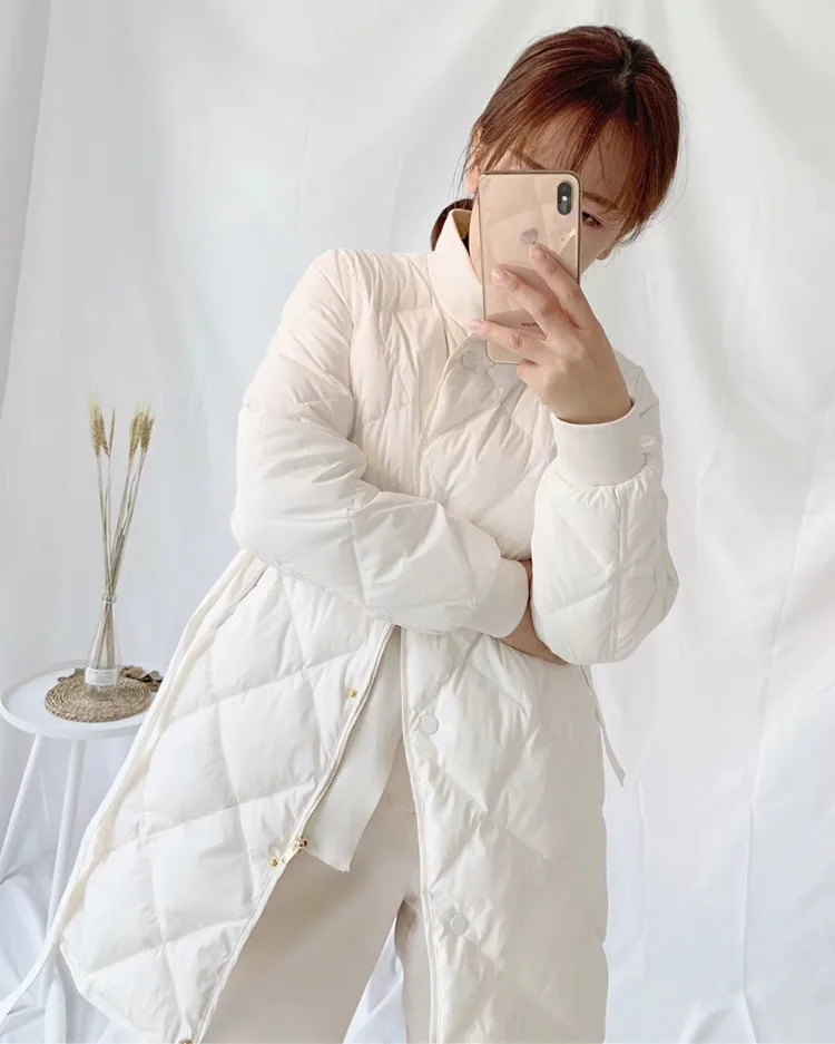 

Stand Collar Rhombus Plaid Midi Section Winter Coats Solid Color Women Warm Overcoat With Belt Monteau Femme Hiver