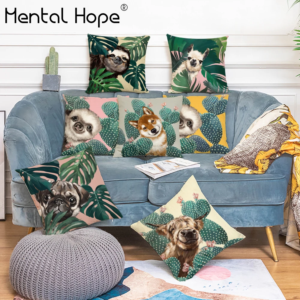 

Cartoon Animal Printed Decorative Cushion Cover Cactus Pattern Throw Pillow Cover Home Decor Linen Cotton Square Leaf Pillowcase