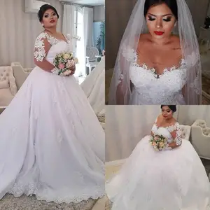 Plus Size Wedding Dress Luxury Lace Appliques Sheer Neck Long Sleeves A Line Tulle Sweep Train Bridal Gowns Plus Size Wedding Dress Luxury Lace Appliques Sheer Neck Long Sleeves A Line Tulle Sweep Train Bridal Gowns