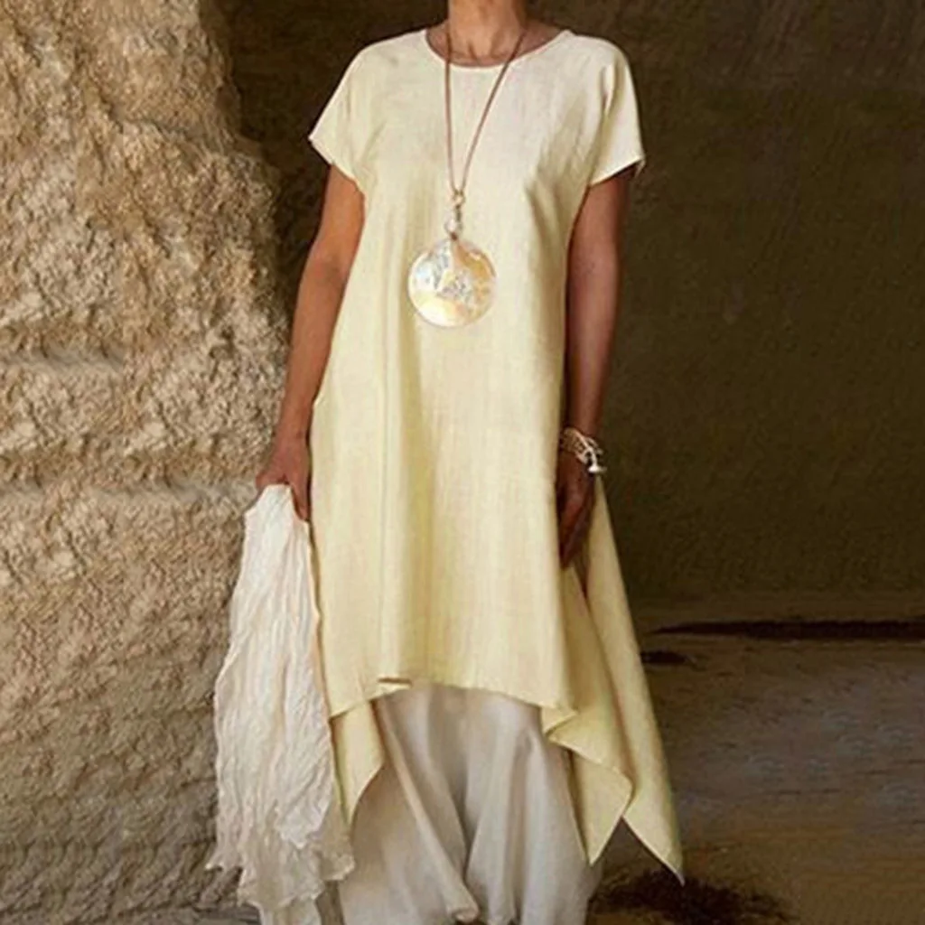 

Solid round neck Short Sleeve Ruffle long dress