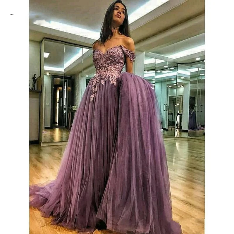 Off Shoulder Lace And Tulle Prom Dresses 2020 Zipper Back Sweep Train Evening Gowns Purple Formal Party Dress | Свадьбы и торжества