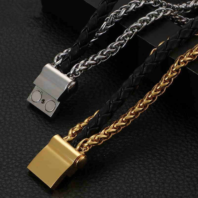 

Punk Stainless Steel Three Layer Link Chain Bracelets For Men 21cm Woven Leather Wrap Bracelet Male Retro Jewelry