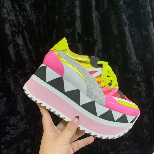 yellow pink Prova perfetto Популярные кроссовки на платформе с блестящими блестками женские разноцветные кроссовки на шнуровке с цветной толстой подошвой женские кроссовки обувь - Цвет: yellow pink