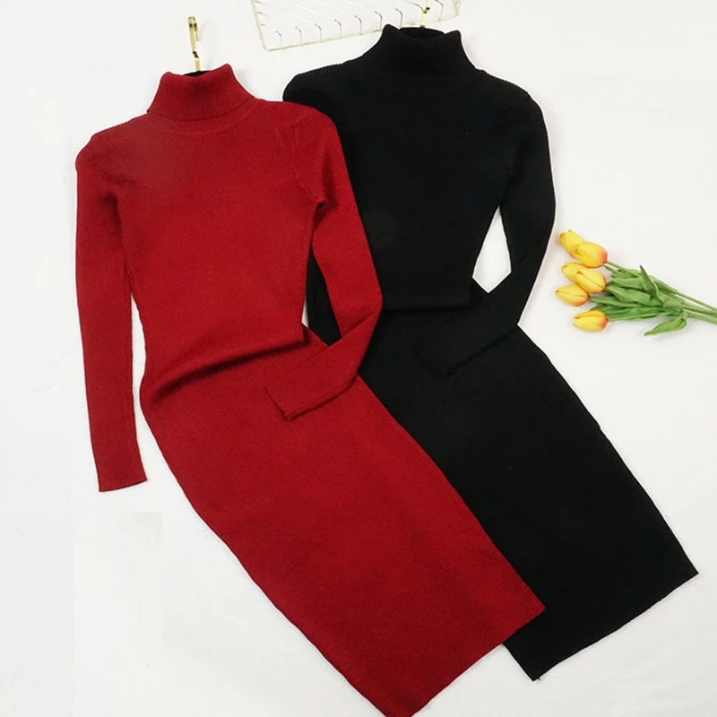 

Autumn Winter Women Knitted Dress Turtleneck Sweater Dresses Lady Slim Bodycon Long Sleeve Bottoming Dress Vestidos PP021