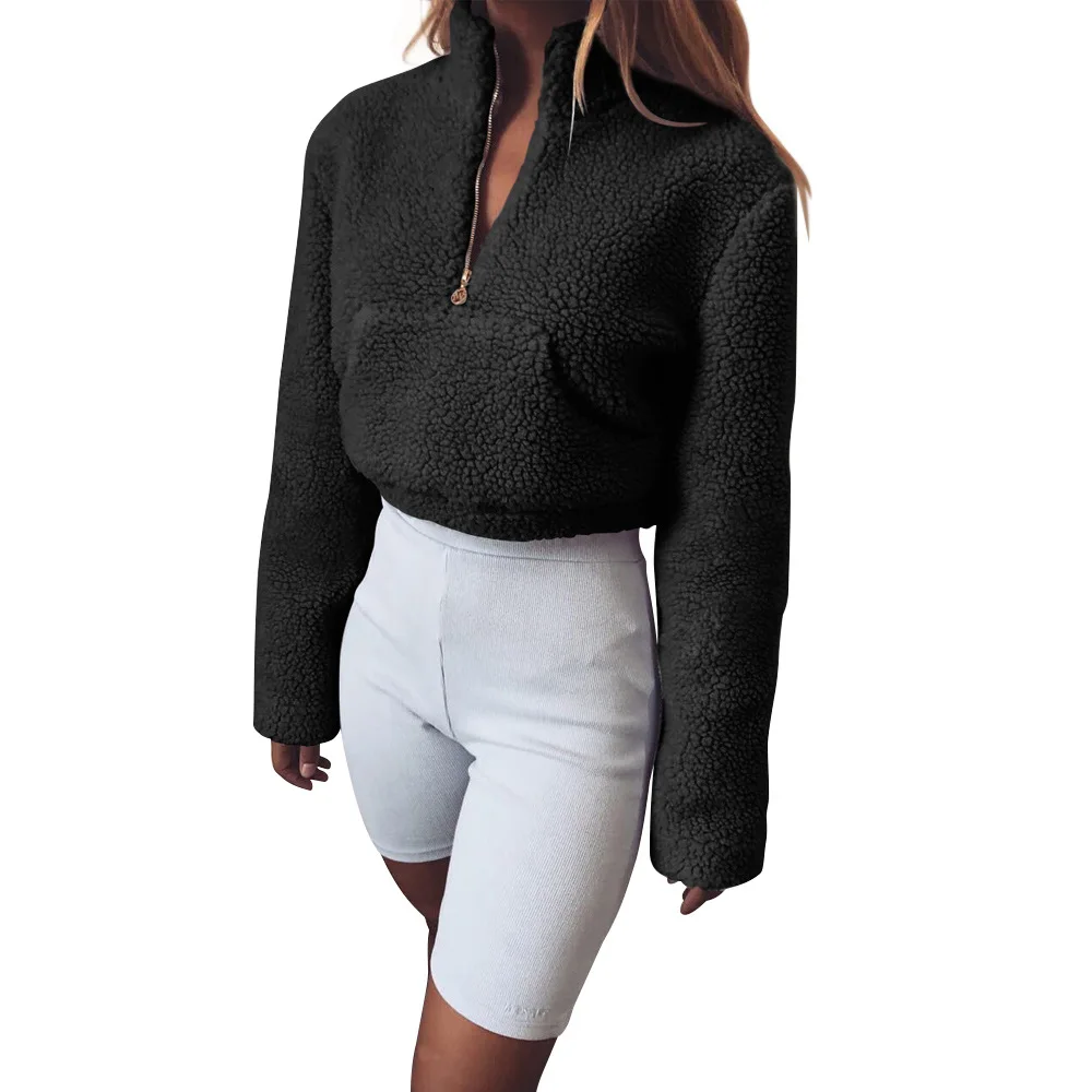 

2018 Winter New Women's Solid Color Long-Sleeved Lambskin Top High Collar Metal Zipper Short Sweater with Pockets