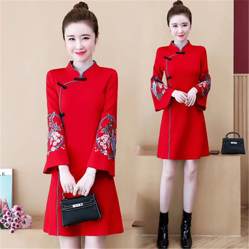 

2021 spring new fashion stand-up collar long-sleeved Chinese style was thin temperament dress