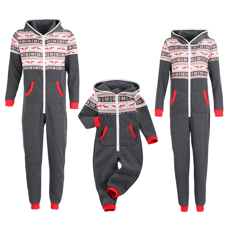 

Family Matching Christmas Pajamas Set Dad Mom Children Festival Snowflake Pattern One-Piece Hooded Zip-Front Rompers