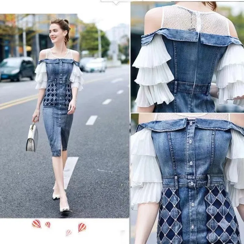 

IVY HE Fashion Women Of Shoulder Denim Dress High Quality Spring Summer Beading Jean Patchwork Lotus Leaf Sleeve Bodycon Dresses