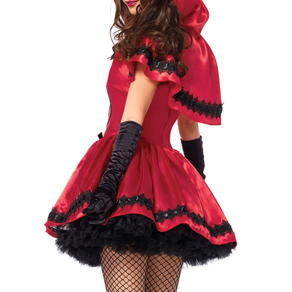 

Sexy Short Cosplay dress Costume Halloween Women red hooded Cloak lace dresses Autumn Summer Elegant A-line Patchwork for Party