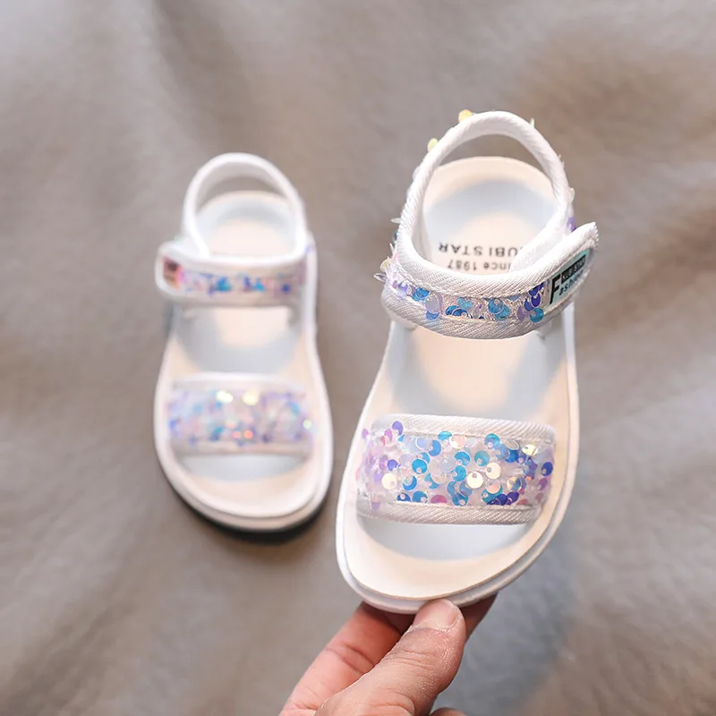 

Summer Little Girls Sequined Sandals,Velcro Soft-soled Beach Shoes,Walking Shoes,Size 23-34