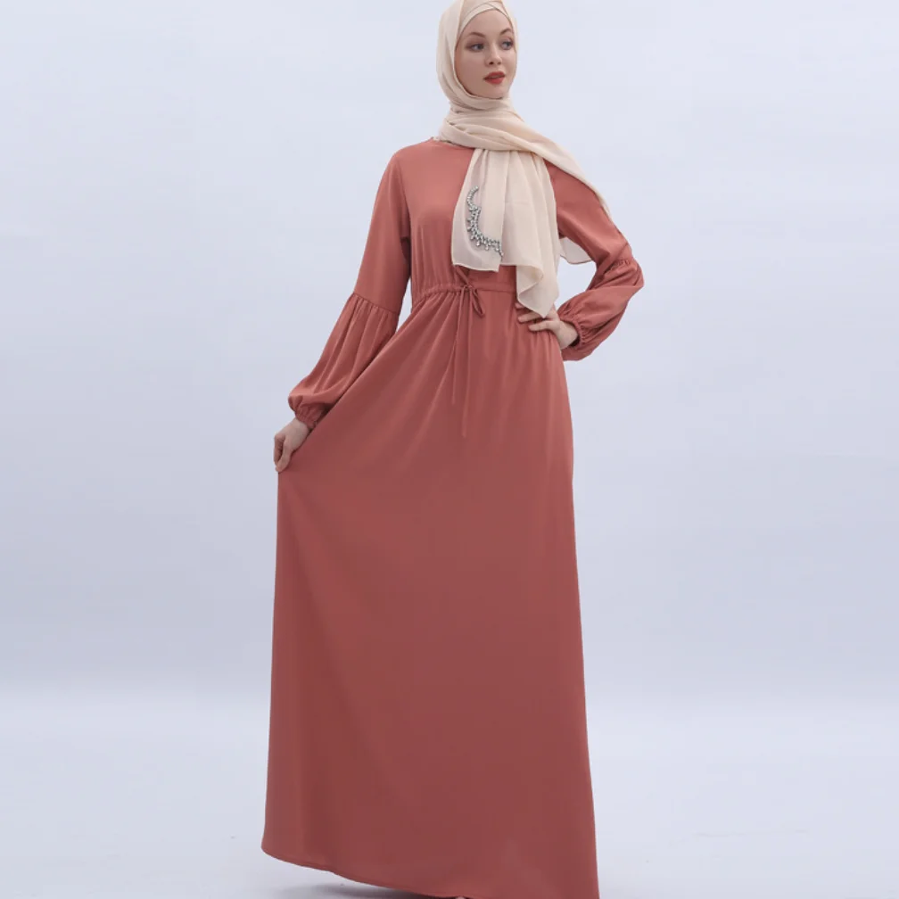 Новинка 2021, мусульманское однотонное платье с рукавами-фонариками и эластичными манжетами, модное темпераментное турецкое мусульманское п...