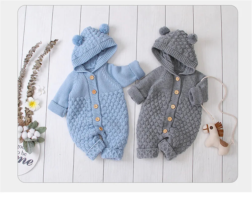 Solid Long sleeve Buttons Up Knitted Warm Hoodie Romper For Baby Girl | Детская одежда и обувь