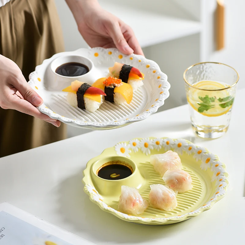 9.8 Inch Ceramic Dumpling Plate With Vinegar Saucer Hand Painted Daisy Snack Sushi Dish
9.8 Inch Ceramic Dumpling Plate With Vinegar Saucer Hand Painted Daisy Snack Sushi Dish