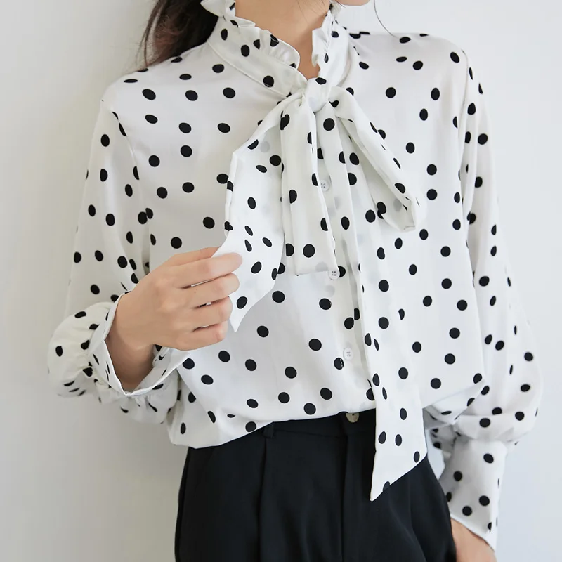 

Free shipping woman feminina Women's vintage blouse fashion clothes 2020 spring autumn dots long-sleeved shirts female D0059