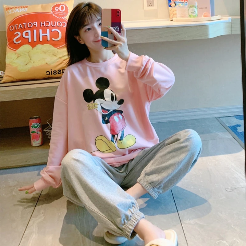Disney Mickey Mouse Pyjamas Set Ladies Winter Long Sleeve Nightie Sleepwear Soft Pajamas 2 Piece Set Home Tops Pajamas Autumn