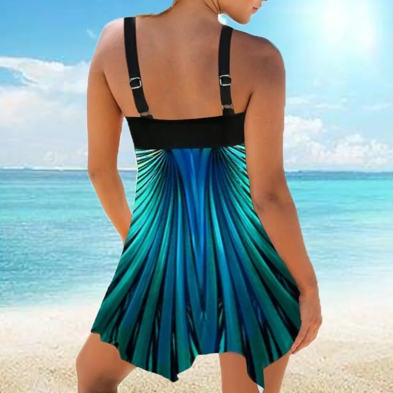 

Plus Size 8XL Swimwear Swim Skirt Women Striped Printed Strappy Two Piece Bathing Suit Push up Tankini Top with Shorts