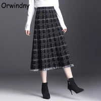 high waist knitting long skirt women winter new fashion skirt ladies casual warm plaid tassel skirts orwindny