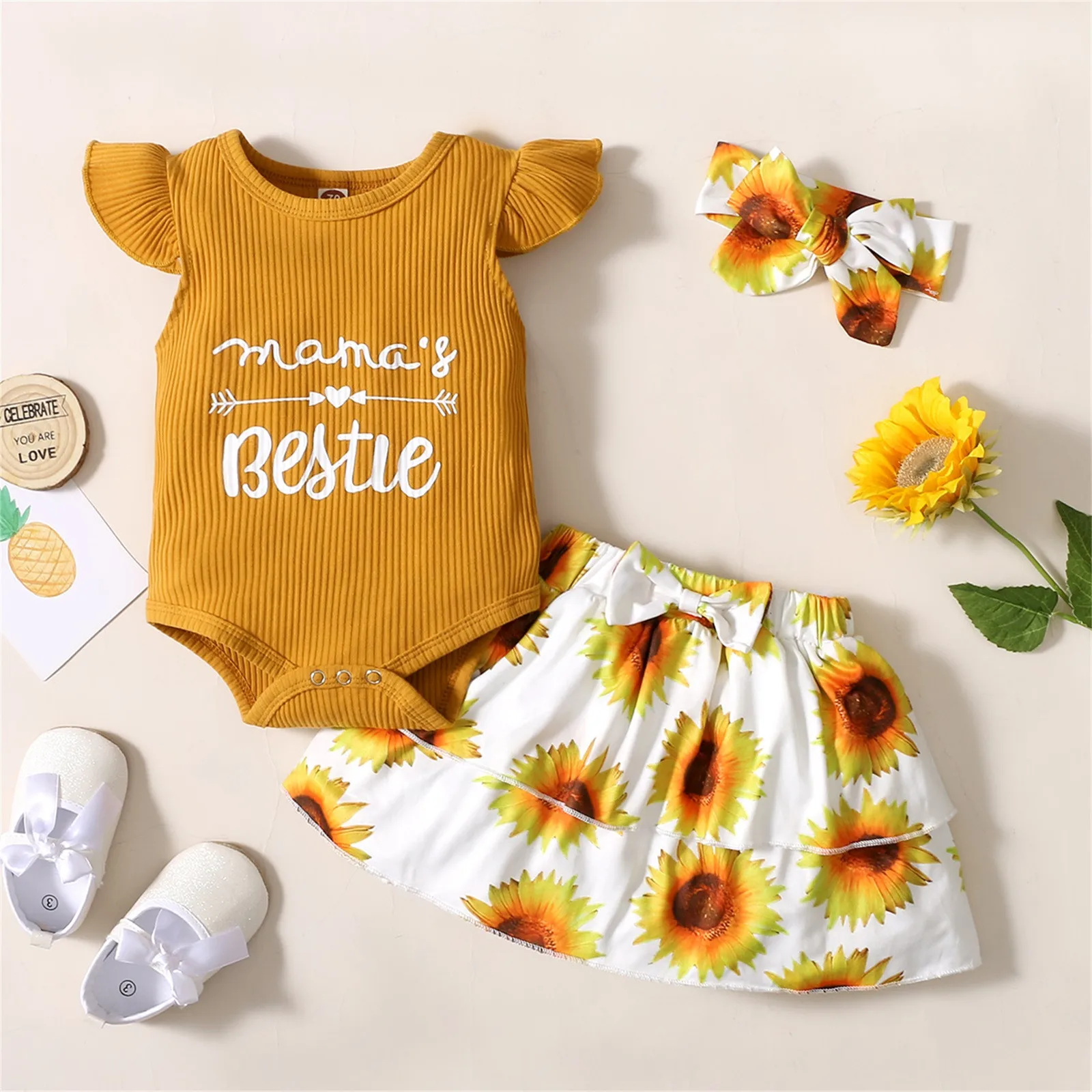 

3 Pcs Newest Summer Toddler Infant Baby Girl Cotton Outfits Set Letter Bodysuit+sunflower Skirt+headband Cute Baby Clothes Set