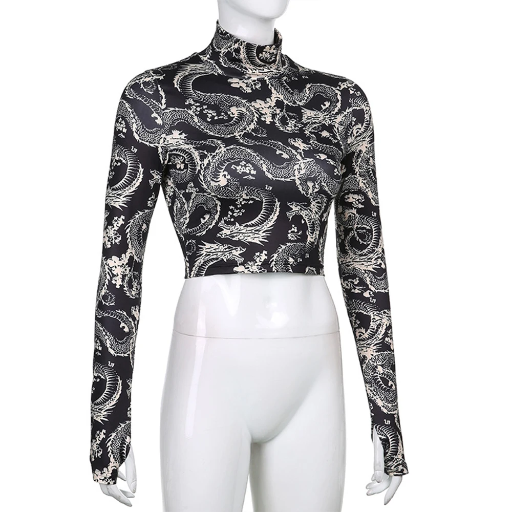 

Harajuku Long Sleeve T Shirt Women Autumn Clothes Dragon Print Female Crop Tops Turtleneck Casual Streetwear Women T shirts 2020