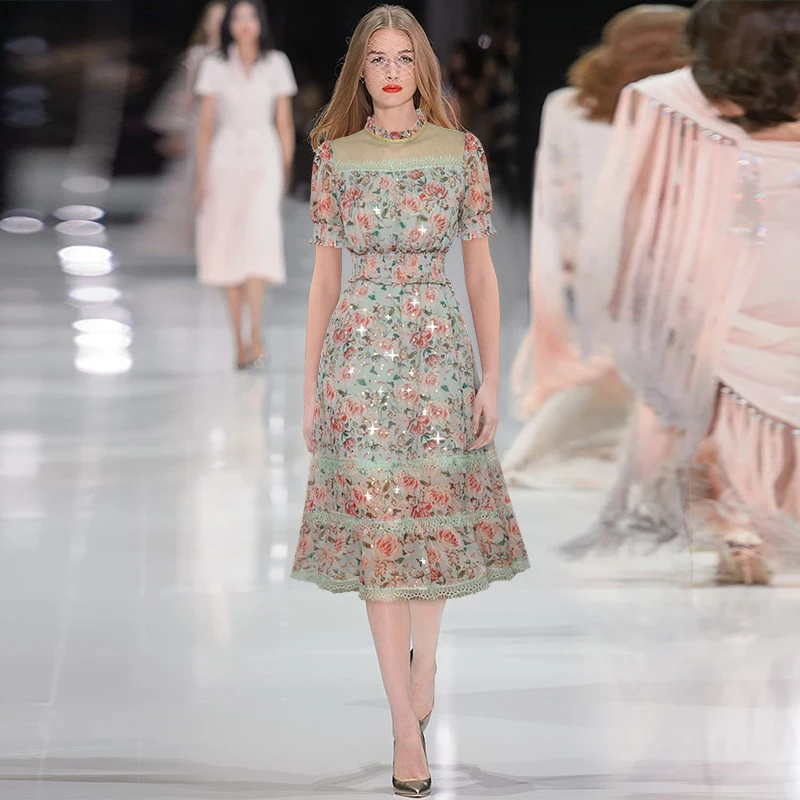 

Модельное летнее платье Gedivoen, женское Сетчатое платье-трапеция с воротником-стойкой и цветочным принтом, элегантные платья миди с эластичн...