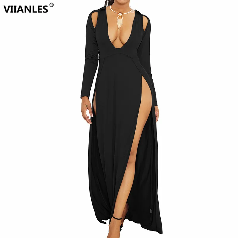 

VIIANLES Midi Summer Dress Strapless High Split Party Sexy Black Vestido Long Sleeve Hollow Deep V Neck